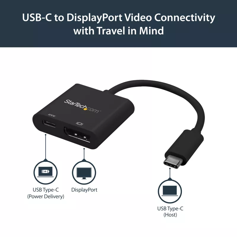 StarTech.com Adapter USB-C na DisplayPort z funkcją Power Delivery - 4K 60Hz HBR2 - Konwerter wideo USB Type-C na DP 1.2 Monitor z ładowaniem - Przesył mocy 60W - Kompatybilny z Thunderbolt 3