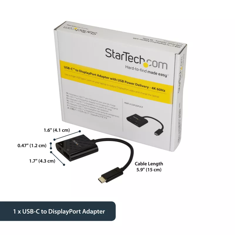 StarTech.com Adapter USB-C na DisplayPort z funkcją Power Delivery - 4K 60Hz HBR2 - Konwerter wideo USB Type-C na DP 1.2 Monitor z ładowaniem - Przesył mocy 60W - Kompatybilny z Thunderbolt 3