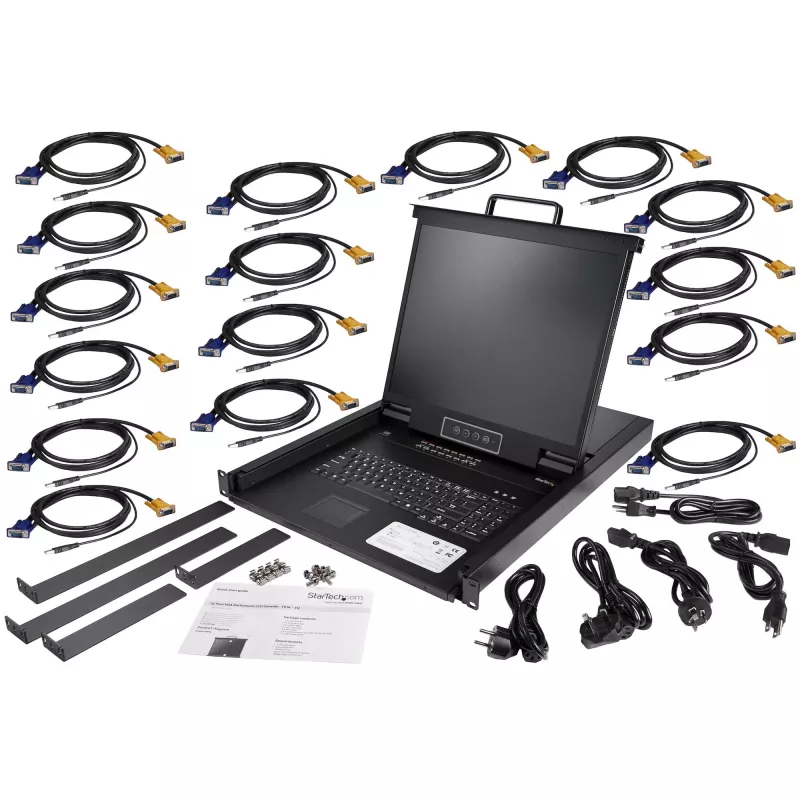 StarTech.com 16-portowy konsola KVM do montażu w szafie rack z kablami 6ft - Zintegrowany przełącznik KVM z 19-calowym monitorem LCD - W pełni funkcjonalny 1U wysuwany panel KVM - OSD KVM - Wytrzymała 50 000 MTBF - Obsługa USB + VGA