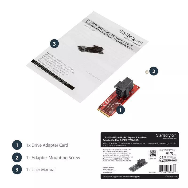 StarTech.com U.2 (SFF-8643) do M.2 PCI Express 3.0 x4 Karta adaptera hosta dla 2,5” U.2 NVMe SSD