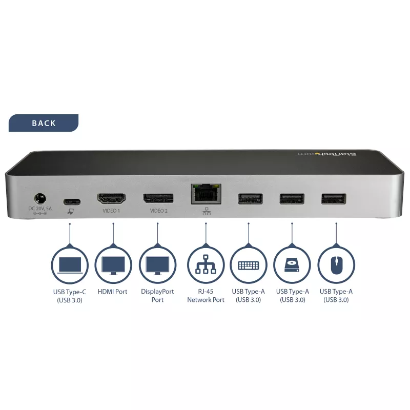Stacja dokująca StarTech.com USB-C – Dual Monitor HDMI i DisplayPort 4K 30 Hz – Stacja dokująca do laptopa USB Type-C z zasilaniem 60 W, SD, 4-portowy hub USB-A 3.0, GbE, audio – Kompatybilna z Thunderbolt 3