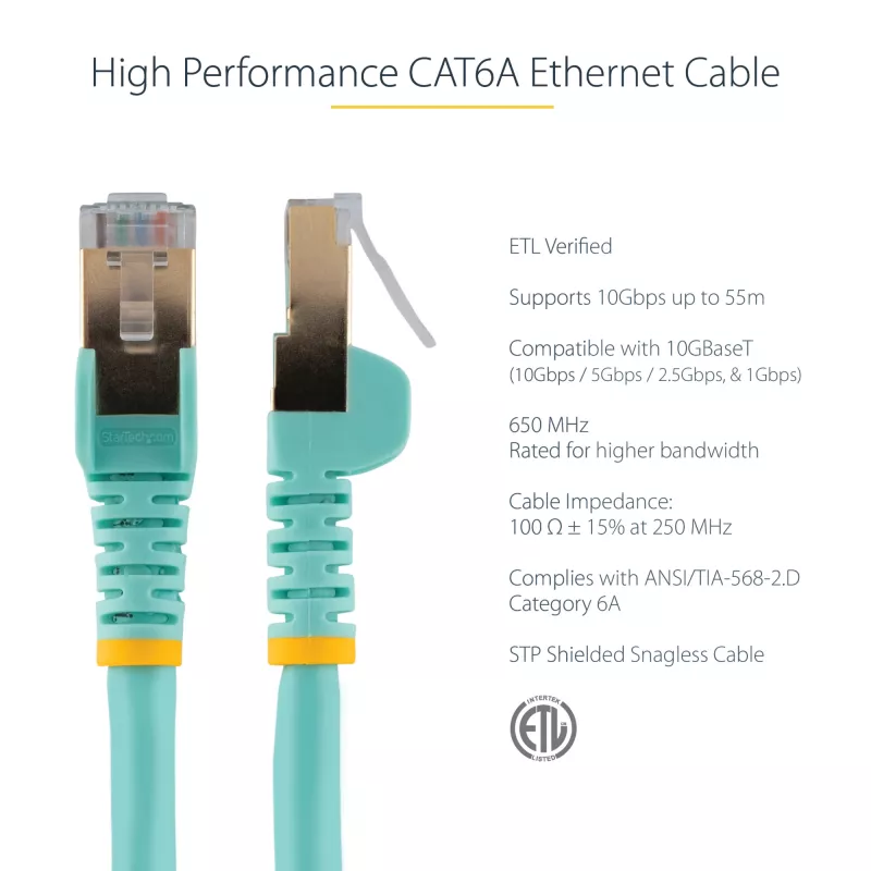 StarTech.com 3m CAT6a Ethernet kabel - 10 Gigabit Shielded Snagless RJ45 100W PoE Patch Cord - 10GbE STP kabel sieciowy w/Strain Relief - Aqua Individually Tested/Wiring is UL Certified/TIA