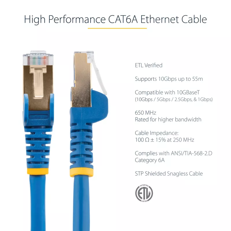 StarTech.com 0.50m Kabel Ethernet CAT6a - 10 Gigabit ekranowany, bezzaczepowy RJ45 100W PoE Patch Cord - 10GbE STP kabel sieciowy z odciążeniem - niebieski, indywidualnie testowany/okablowanie z certyfikatem UL/TIA