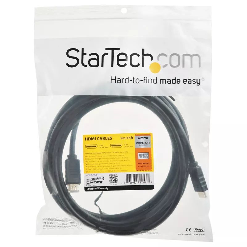 StarTech.com 15 stóp (5 m) Premium Certified kabel HDMI 2.0 z Ethernetem — wysokoprzepustowy kabel Ultra HD 4K 60 Hz HDR10 — długi przewód HDMI (złącza męskie/męskie) — do monitorów UHD, telewizorów, wyświetlaczy