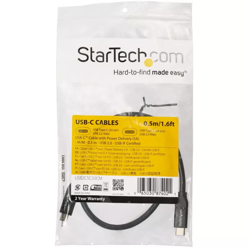 StarTech.com Kabel USB-C do USB-C z PD 5A - M/M - 0,5 m - USB 2.0 - z certyfikatem USB-IF