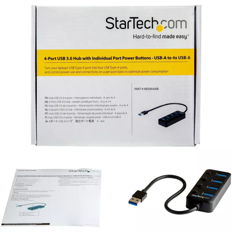 StarTech.com 4-portowy hub USB 3.0 - USB-A do 4x USB 3.0 Type-A z indywidualnymi przełącznikami włączania/wyłączania portów - SuperSpeed 5 Gb/s USB 3.1/3.2 Gen 1 - Zasilany magistralą USB - Przenośny - Dołączony kabel 25 cm~4-portowy hub USB 3.0 - USB-A do 4x USB 3.0 Type-A z indywidualnymi przełącznikami włączania/wyłączania portów - SuperSpeed USB 3.2 Gen 1 (5 Gb/s) - Zasilany magistralą USB…
