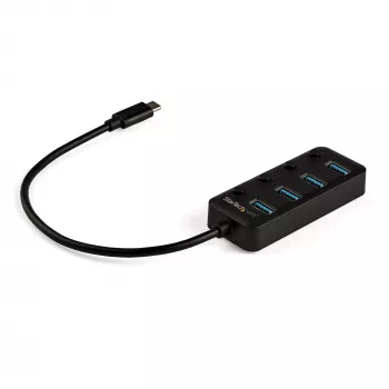 4-portowy hub USB-C StarTech.com – USB-C na 4 porty USB 3.0 typu A z indywidualnymi przełącznikami włączania/wyłączania – SuperSpeed 5 Gb/s USB 3.1/Gen 1 – zasilany z magistrali USB – przenośny – przewód wbudowany 25 cm