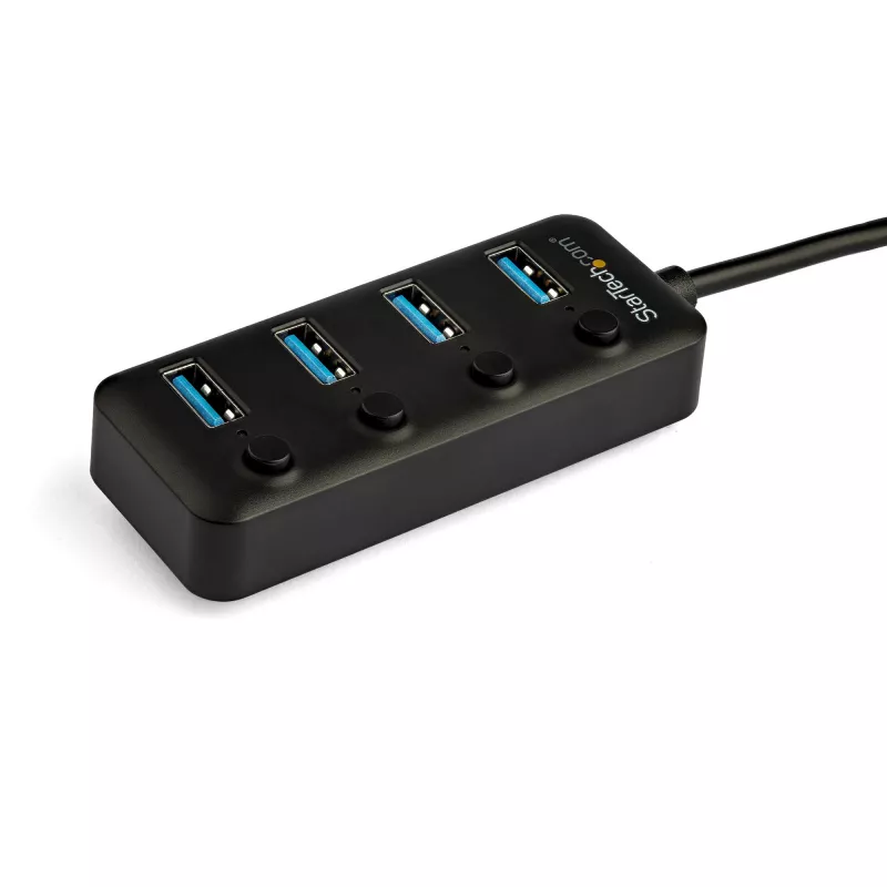 4-portowy hub USB-C StarTech.com – USB-C na 4 porty USB 3.0 typu A z indywidualnymi przełącznikami włączania/wyłączania – SuperSpeed 5 Gb/s USB 3.1/Gen 1 – zasilany z magistrali USB – przenośny – przewód wbudowany 25 cm