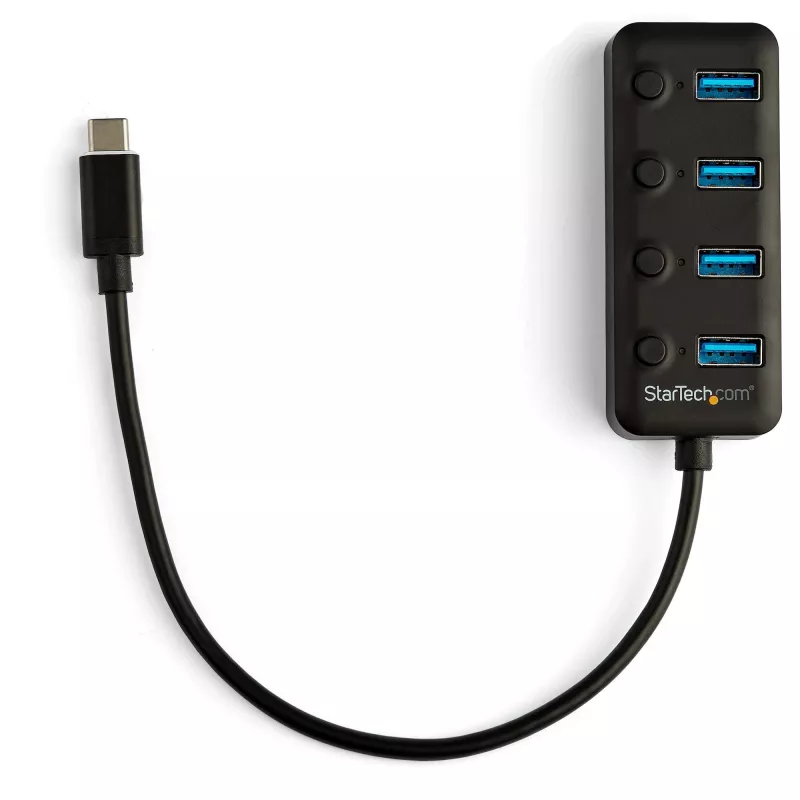 4-portowy hub USB-C StarTech.com – USB-C na 4 porty USB 3.0 typu A z indywidualnymi przełącznikami włączania/wyłączania – SuperSpeed 5 Gb/s USB 3.1/Gen 1 – zasilany z magistrali USB – przenośny – przewód wbudowany 25 cm