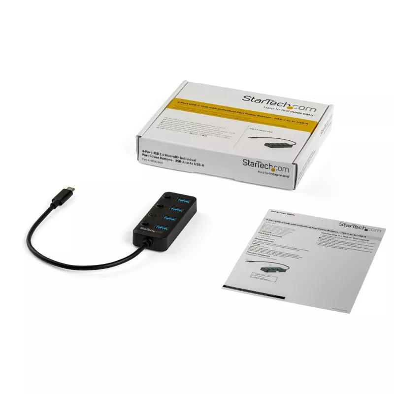 4-portowy hub USB-C StarTech.com – USB-C na 4 porty USB 3.0 typu A z indywidualnymi przełącznikami włączania/wyłączania – SuperSpeed 5 Gb/s USB 3.1/Gen 1 – zasilany z magistrali USB – przenośny – przewód wbudowany 25 cm