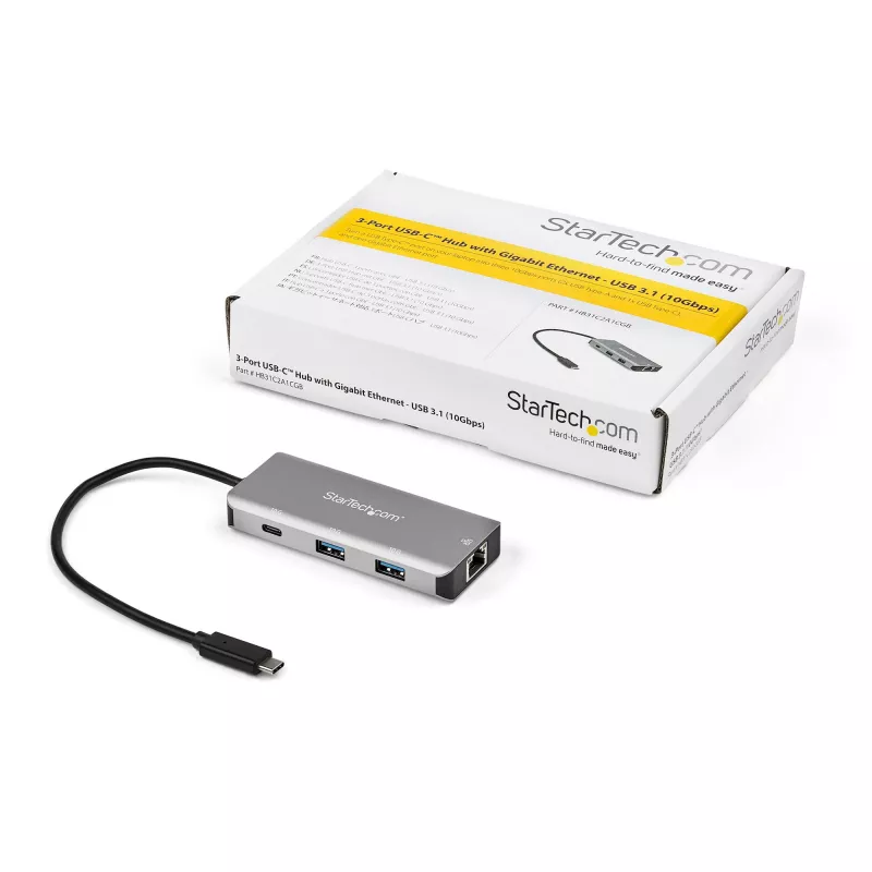 StarTech.com 3-portowy hub USB-C z portem Gigabit Ethernet RJ45 GbE – 2x USB-A, 1x USB-C – SuperSpeed 10 Gb/s USB 3.1/3.2 Gen 2 adapter koncentratora USB-C – zasilany z magistrali USB – aluminium – współpracuje z TB3