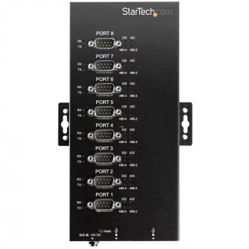 StarTech.com 8-portowy koncentrator szeregowy USB do RS232/RS485/RS422 Adapter - Przemysłowy adapter USB 2.0 na DB9 Szeregowy koncentrator konwertujący - Klasa IP30 - Metalowy koncentrator szeregowy do montażu na szynie DIN - Ochrona przed wyładowaniami elektrostatycznymi 15 kV