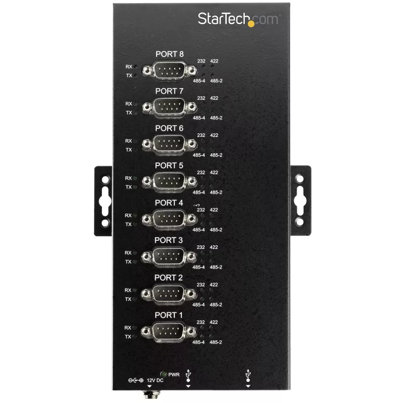 StarTech.com 8-portowy koncentrator szeregowy USB do RS232/RS485/RS422 Adapter - Przemysłowy adapter USB 2.0 na DB9 Szeregowy koncentrator konwertujący - Klasa IP30 - Metalowy koncentrator szeregowy do montażu na szynie DIN - Ochrona przed wyładowaniami elektrostatycznymi 15 kV