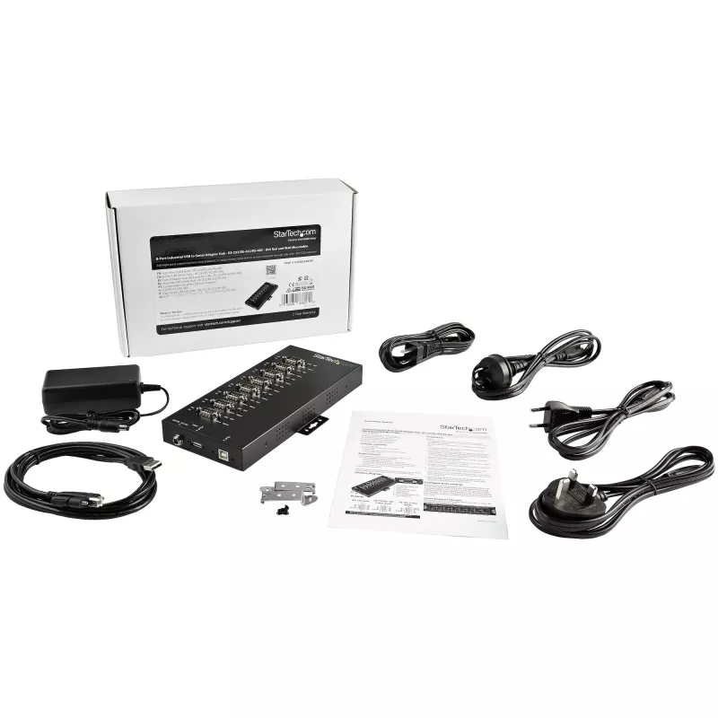 StarTech.com 8-portowy koncentrator szeregowy USB do RS232/RS485/RS422 Adapter - Przemysłowy adapter USB 2.0 na DB9 Szeregowy koncentrator konwertujący - Klasa IP30 - Metalowy koncentrator szeregowy do montażu na szynie DIN - Ochrona przed wyładowaniami elektrostatycznymi 15 kV