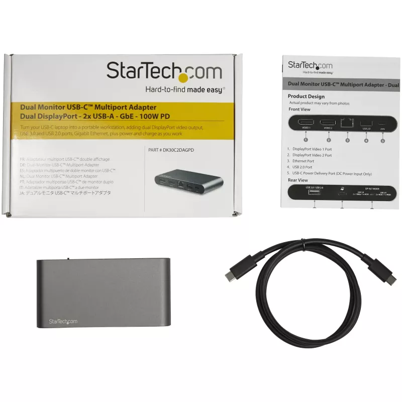 Stacja dokująca StarTech.com USB-C - 4K Dual Monitor DisplayPort - Mini stacja dokująca do laptopa - Przesył mocy 100 W - GbE, hub USB-A z 2 portami - Adapter wieloportowy USB typu C - Kabel 100 cm