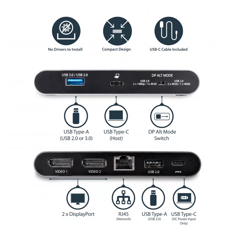 Stacja dokująca StarTech.com USB-C - 4K Dual Monitor DisplayPort - Mini stacja dokująca do laptopa - Przesył mocy 100 W - GbE, hub USB-A z 2 portami - Adapter wieloportowy USB typu C - Kabel 100 cm