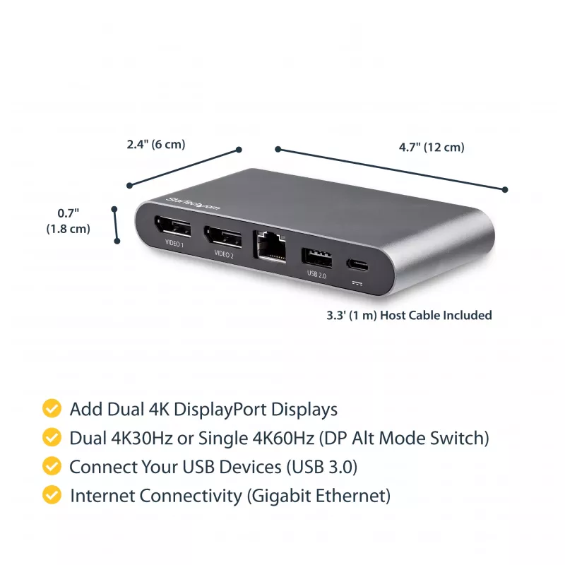 Stacja dokująca StarTech.com USB-C - 4K Dual Monitor DisplayPort - Mini stacja dokująca do laptopa - Przesył mocy 100 W - GbE, hub USB-A z 2 portami - Adapter wieloportowy USB typu C - Kabel 100 cm