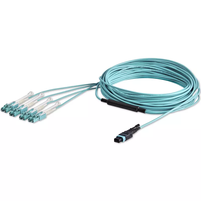 StarTech.com 10m (30ft) MTP(F)/PC do 4x LC/PC duplex breakout OM3 wielomodowy kabel światłowodowy, OFNP plenum, sieci 40G, niskie straty wtrąceniowe - zworka światłowodowa
