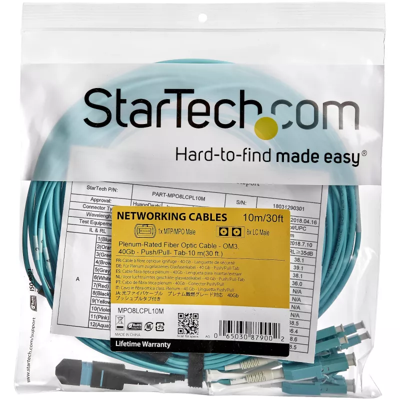 StarTech.com 10m (30ft) MTP(F)/PC do 4x LC/PC duplex breakout OM3 wielomodowy kabel światłowodowy, OFNP plenum, sieci 40G, niskie straty wtrąceniowe - zworka światłowodowa