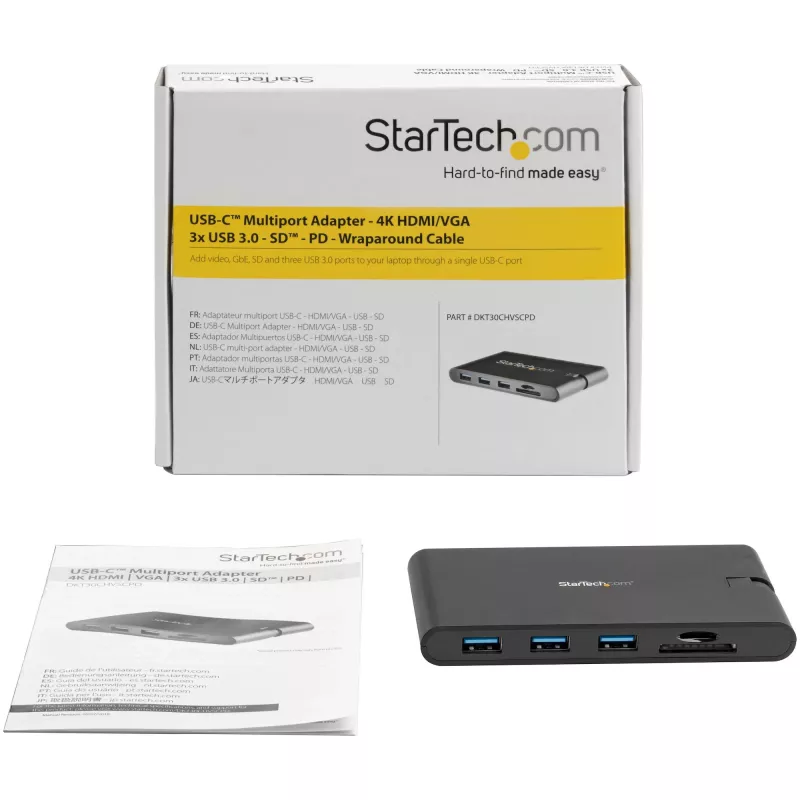 StarTech.com Adapter wieloportowy USB C - Mini stacja dokująca USB Type-C z wideo HDMI 4K lub VGA 1080p - Przesył mocy 100 W, 3-portowy hub USB 3.0, GbE, SD i microSD - Podróżna stacja dokująca do laptopa