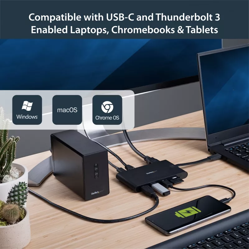 StarTech.com Adapter wieloportowy USB C - Mini stacja dokująca USB Type-C z wideo HDMI 4K lub VGA 1080p - Przesył mocy 100 W, 3-portowy hub USB 3.0, GbE, SD i microSD - Podróżna stacja dokująca do laptopa