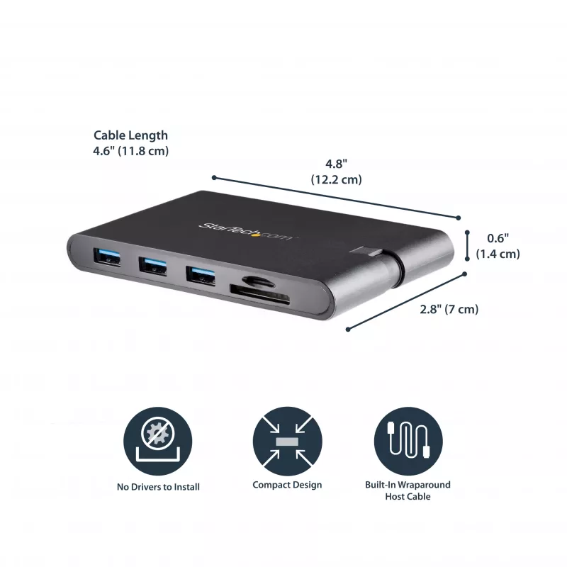StarTech.com Adapter wieloportowy USB C - Mini stacja dokująca USB Type-C z wideo HDMI 4K lub VGA 1080p - Przesył mocy 100 W, 3-portowy hub USB 3.0, GbE, SD i microSD - Podróżna stacja dokująca do laptopa