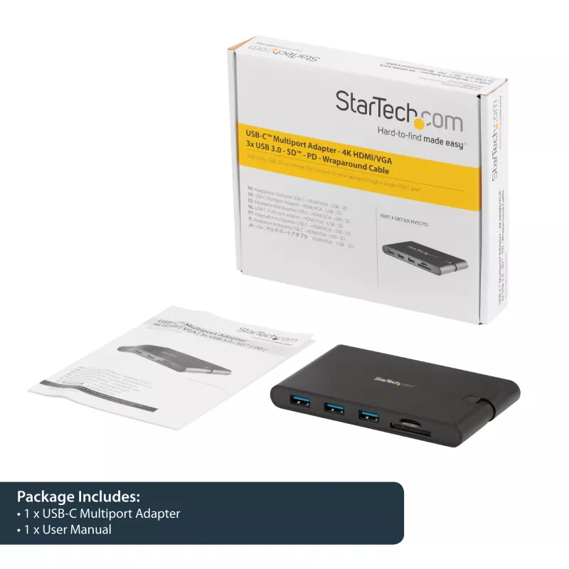 StarTech.com Adapter wieloportowy USB C - Mini stacja dokująca USB Type-C z wideo HDMI 4K lub VGA 1080p - Przesył mocy 100 W, 3-portowy hub USB 3.0, GbE, SD i microSD - Podróżna stacja dokująca do laptopa