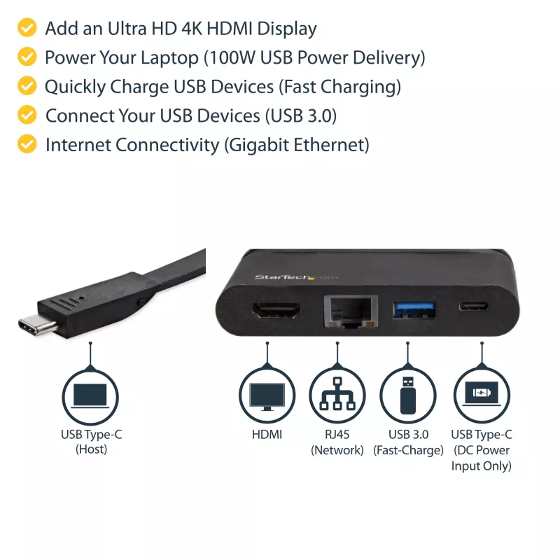 StarTech.com Wieloportowy adapter USB C — przenośna stacja dokująca USB-C z 4K HDMI — 100 W PD 3.0 Pass-Through, 1x USB-A, 1x USB-C, GbE — podróżna stacja dokująca Thunderbolt 3 i USB Type-C — Mac i Windows