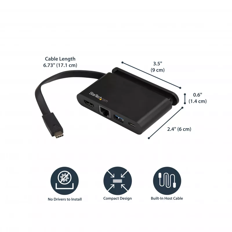 StarTech.com Wieloportowy adapter USB C — przenośna stacja dokująca USB-C z 4K HDMI — 100 W PD 3.0 Pass-Through, 1x USB-A, 1x USB-C, GbE — podróżna stacja dokująca Thunderbolt 3 i USB Type-C — Mac i Windows