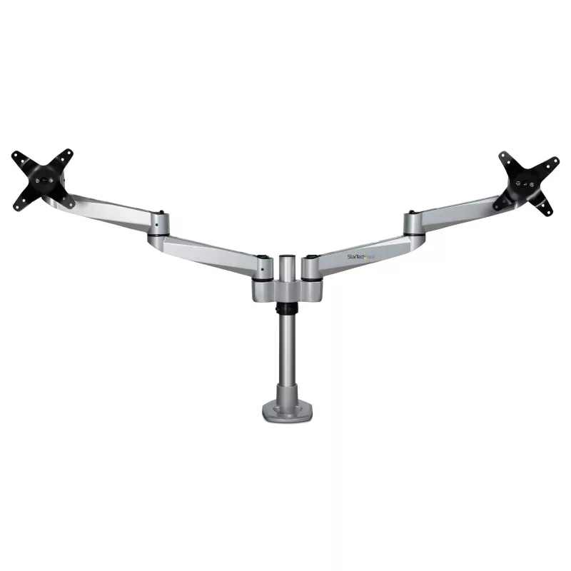 StarTech.com Podwójne ramię do monitora montowane na biurku - Premiumowe ramię przegubowe - do monitorów VESA do 30” - Regulowana wysokość - Obrót/pochylenie/skręt - Zacisk/przelotka - Srebrny