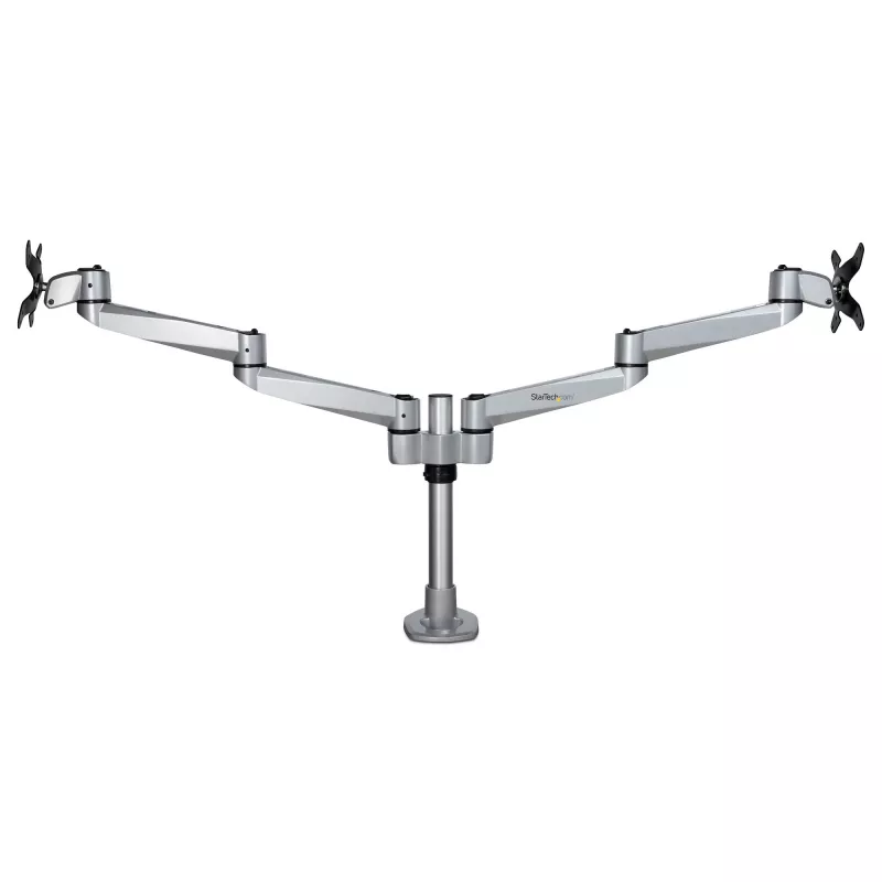 StarTech.com Podwójne ramię do monitora montowane na biurku - Premiumowe ramię przegubowe - do monitorów VESA do 30” - Regulowana wysokość - Obrót/pochylenie/skręt - Zacisk/przelotka - Srebrny