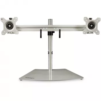 StarTech.com Podwójny stojak na monitory – Ergonomiczny wolnostojący stojak biurkowy na dwa 24-calowe monitory z mocowaniem VESA – Synchronizowana regulacja wysokości – Podwójny maszt na monitory – Srebrny