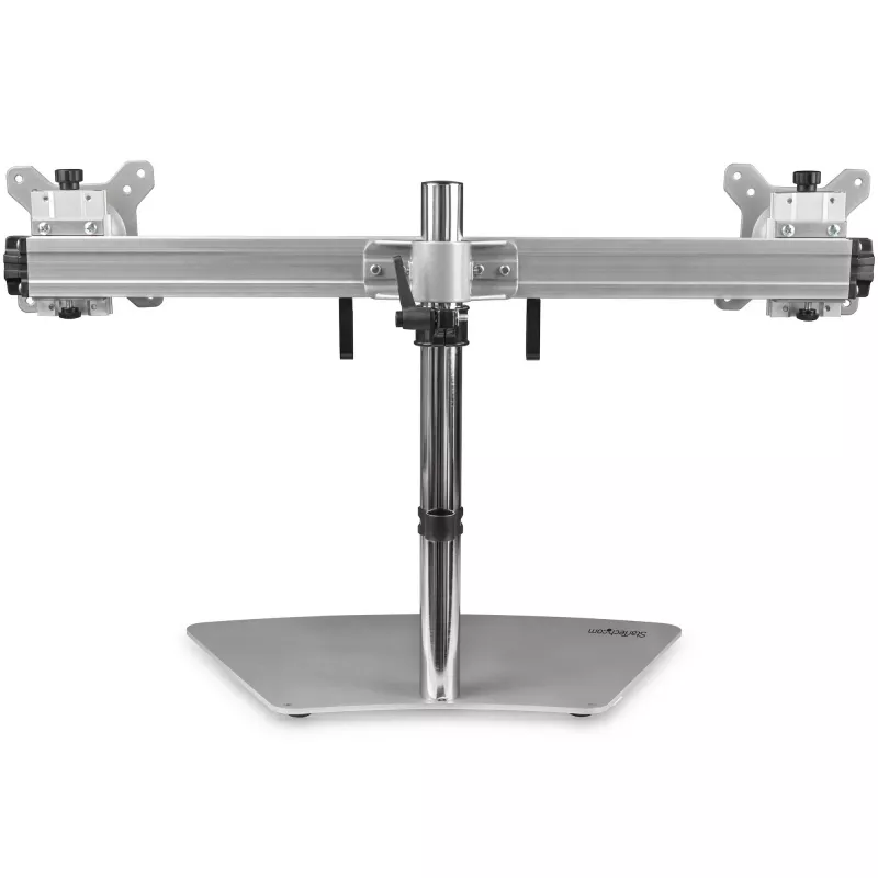 StarTech.com Podwójny stojak na monitory – Ergonomiczny wolnostojący stojak biurkowy na dwa 24-calowe monitory z mocowaniem VESA – Synchronizowana regulacja wysokości – Podwójny maszt na monitory – Srebrny