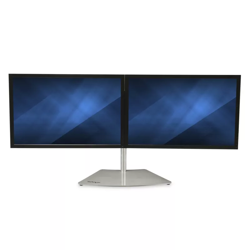 StarTech.com Podwójny stojak na monitory – Ergonomiczny wolnostojący stojak biurkowy na dwa 24-calowe monitory z mocowaniem VESA – Synchronizowana regulacja wysokości – Podwójny maszt na monitory – Srebrny