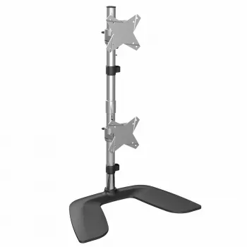 StarTech.com Pionowy stojak na dwa monitory – Ergonomiczny, na biurko, do montażu dwóch monitorów jeden nad drugim do 27 cali z mocowaniem VESA – Wolnostojący, uniwersalny uchwyt do monitorów – Regulacja wysokości – Srebrny