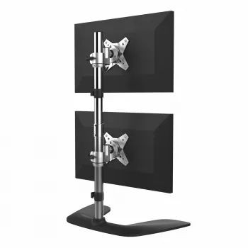 StarTech.com Pionowy stojak na dwa monitory – Ergonomiczny, na biurko, do montażu dwóch monitorów jeden nad drugim do 27 cali z mocowaniem VESA – Wolnostojący, uniwersalny uchwyt do monitorów – Regulacja wysokości – Srebrny