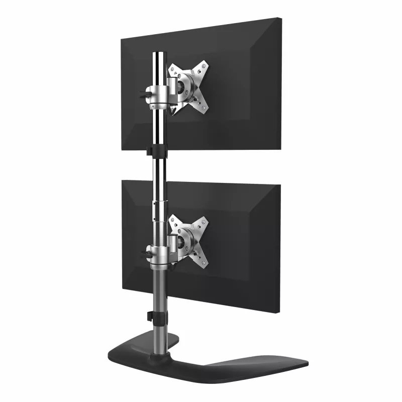 StarTech.com Pionowy stojak na dwa monitory – Ergonomiczny, na biurko, do montażu dwóch monitorów jeden nad drugim do 27 cali z mocowaniem VESA – Wolnostojący, uniwersalny uchwyt do monitorów – Regulacja wysokości – Srebrny