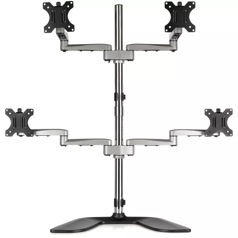 StarTech.com Stojak na cztery monitory biurkowe – Ergonomiczne ramię VESA na 4 monitory (2x2) do 32 cali – Wolnostojący przegubowy uniwersalny uchwyt na słupie – Regulacja wysokości/pochylenia/obrotu – Srebrny