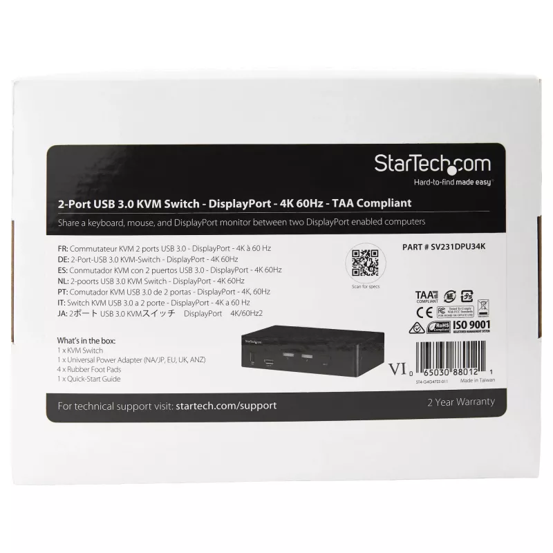 StarTech.com 2-portowy przełącznik KVM DisplayPort – 4K 60 Hz – pojedynczy wyświetlacz – dwuportowy przełącznik KVM UHD DP 1.2 USB ze zintegrowanym hubem USB 3.0 i audio – Dell HP Apple Lenovo – zgodny z TAA