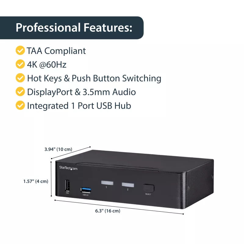 StarTech.com 2-portowy przełącznik KVM DisplayPort – 4K 60 Hz – pojedynczy wyświetlacz – dwuportowy przełącznik KVM UHD DP 1.2 USB ze zintegrowanym hubem USB 3.0 i audio – Dell HP Apple Lenovo – zgodny z TAA