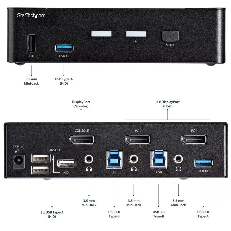 StarTech.com 2-portowy przełącznik KVM DisplayPort – 4K 60 Hz – pojedynczy wyświetlacz – dwuportowy przełącznik KVM UHD DP 1.2 USB ze zintegrowanym hubem USB 3.0 i audio – Dell HP Apple Lenovo – zgodny z TAA