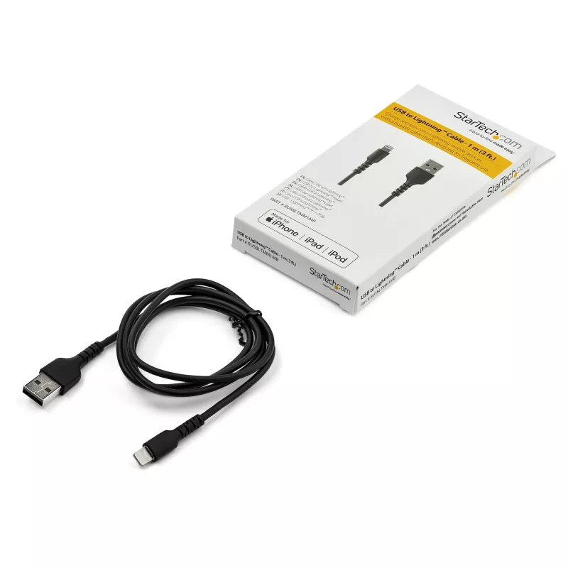 StarTech.com 3-stopowa (1 m) Wytrzymała czarna przejściówka USB-A na Lightning – Solidny, wzmocniony włóknem aramidowym kabel USB typu A do ładowarki/synchronizacji Lightning – z certyfikatem Apple MFi do iPada/iPhone’a 12