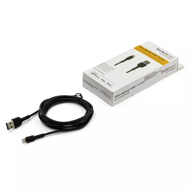 StarTech.com 6 stop (2 m) wytrzymały czarny kabel USB-A na Lightning – Wytrzymały, wzmocniony włóknem aramidowym kabel USB typu A na Lightning do ładowania/synchronizacji – Certyfikat Apple MFi – do iPada/iPhone 12