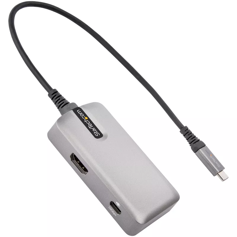 Adapter wieloportowy StarTech.com USB C — USB-C do 4K 60Hz HDMI 2.0, przepustowość zasilania 100W — 3-portowy koncentrator USB 10 Gb/s — przenośna mini stacja dokująca USB Type-C — kabel 10 inch (25cm)