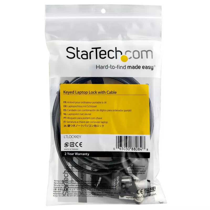 StarTech.com 6ft (2m) Zamek linkowy do laptopa z kluczykami - Zamek linkowy na klucz do laptopów, komputerów stacjonarnych, komputerów i innych urządzeń z kompatybilnym gniazdem K-Slot - Antykradzieżowa linka stalowa w powłoce winylowej