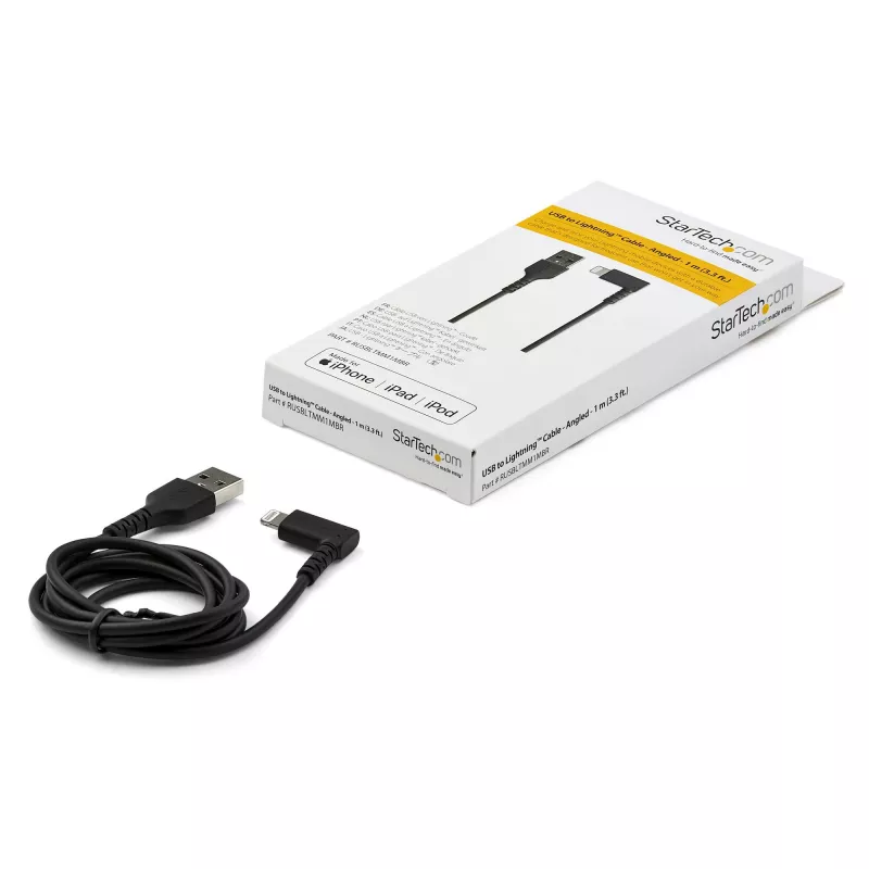StarTech.com 3ft (1m) Wytrzymały kabel USB A na Lightning - Czarny 90° Kątowy Wytrzymały Wzmocniony Włóknem Aramidowym Kabel USB Typu A na Lightning do Ładowania/Synchronizacji - Certyfikat Apple MFi - iPhone
