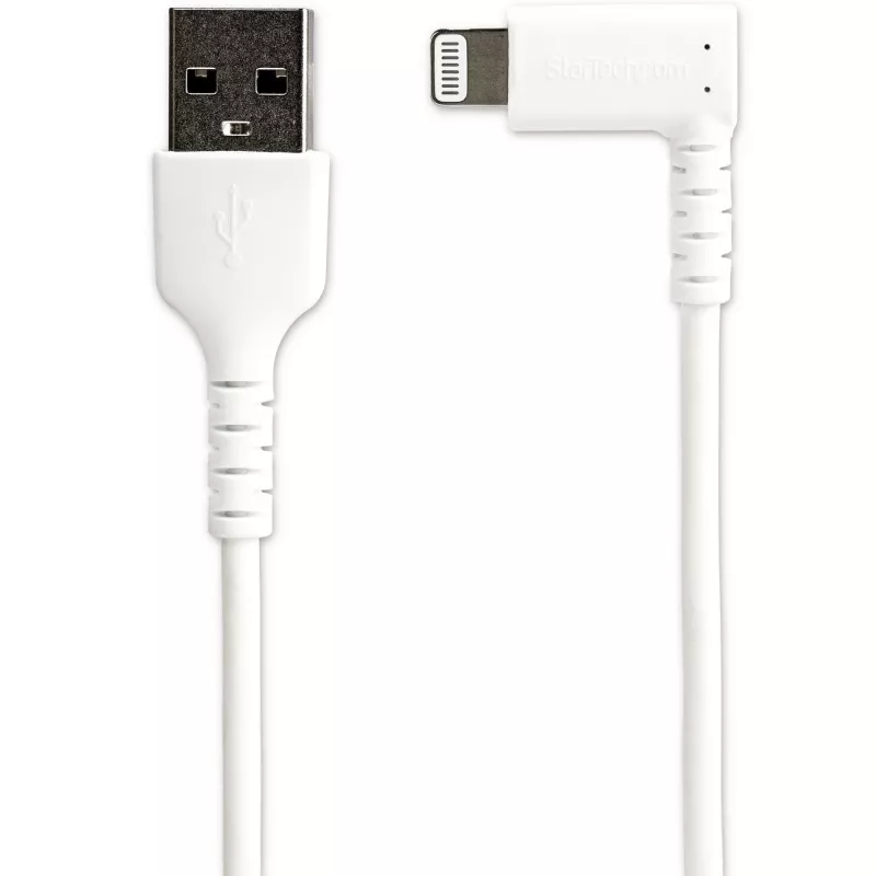 StarTech.com 1 m trwały kabel USB A na Lightning - biały, kątowy 90°, wytrzymały, wzmocniony włóknem aramidowym, kabel USB-A na Lightning do ładowania/synchronizacji - certyfikat Apple MFi - iPhone