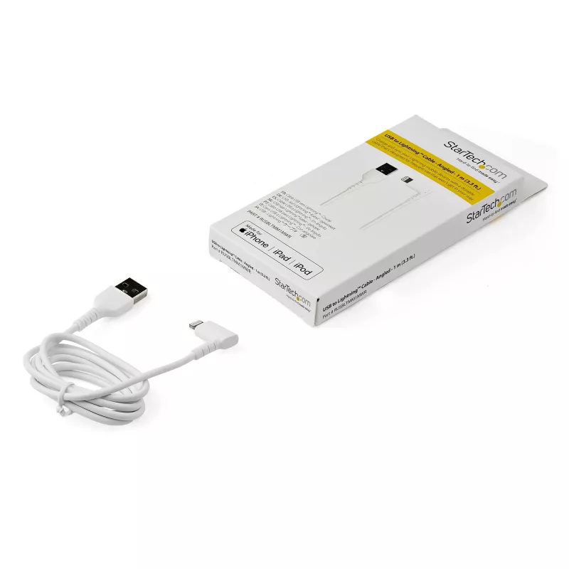 StarTech.com 1 m trwały kabel USB A na Lightning - biały, kątowy 90°, wytrzymały, wzmocniony włóknem aramidowym, kabel USB-A na Lightning do ładowania/synchronizacji - certyfikat Apple MFi - iPhone
