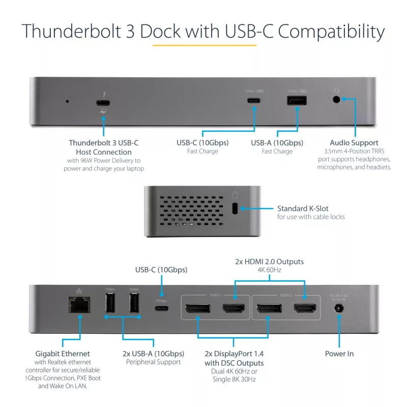 Stacja dokująca USB C StarTech.com dla Macbook Pro/Air-M1/M2/M3/M4, kompatybilna z Thunderbolt, HDMI/DisplayPort, Dual 4K 60Hz/Single 8K, laptopowa stacja dokująca USB Type-C, zasilanie 96W, USB 10Gbps