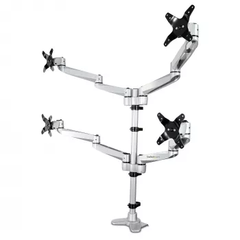 StarTech.com Uchwyt biurkowy do czterech monitorów – Wysokiej klasy przegubowy uchwyt VESA do 4 monitorów w układzie 2x2 do 30 cali – Ergonomiczny słupek z regulacją wysokości – Odchylanie/obrót/obracanie ekranu – Mocowanie zaciskowe/grommetowe – Srebrny